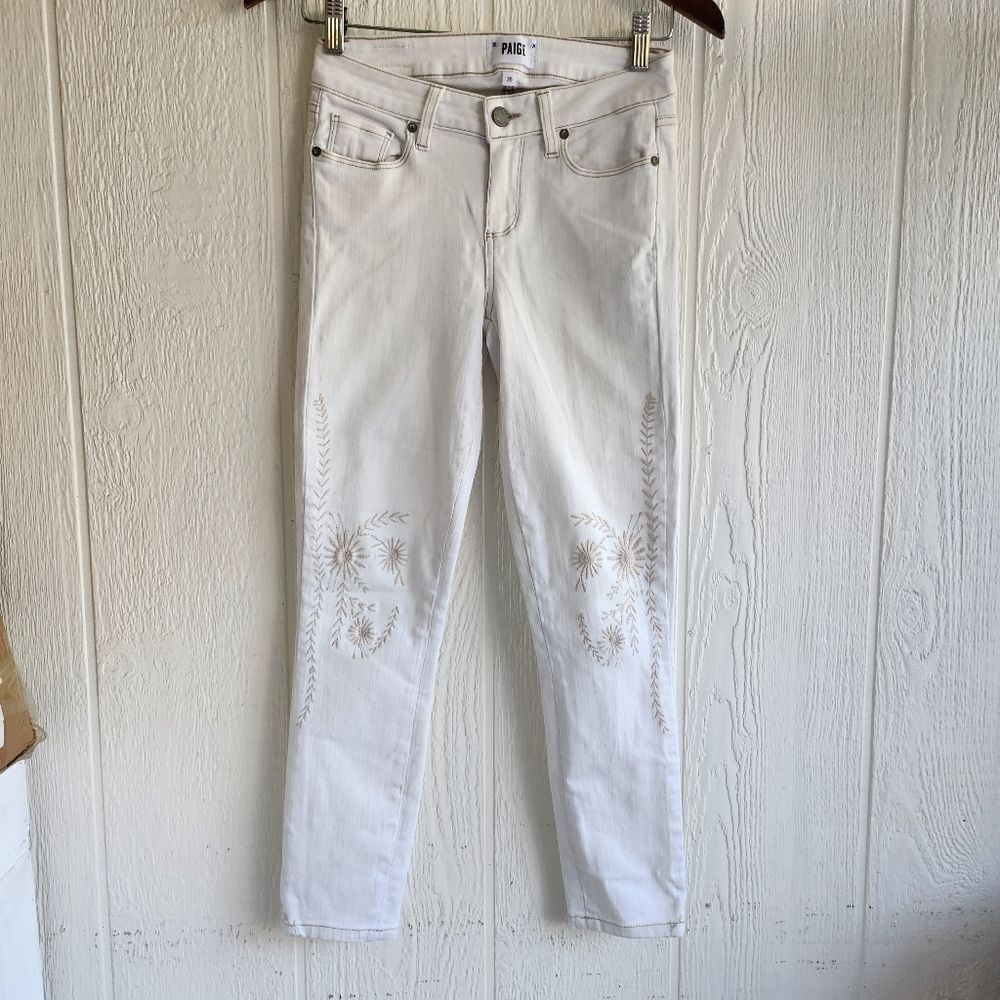 Paige Womens White Embroidered Jeans